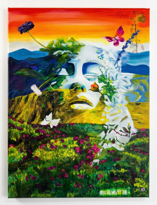 A painting of a face emerging from a landscape. Green, blue and orange