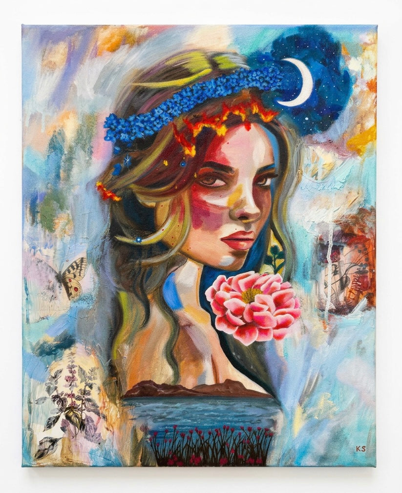 A painting of a woman with flowers and a landscape and moon