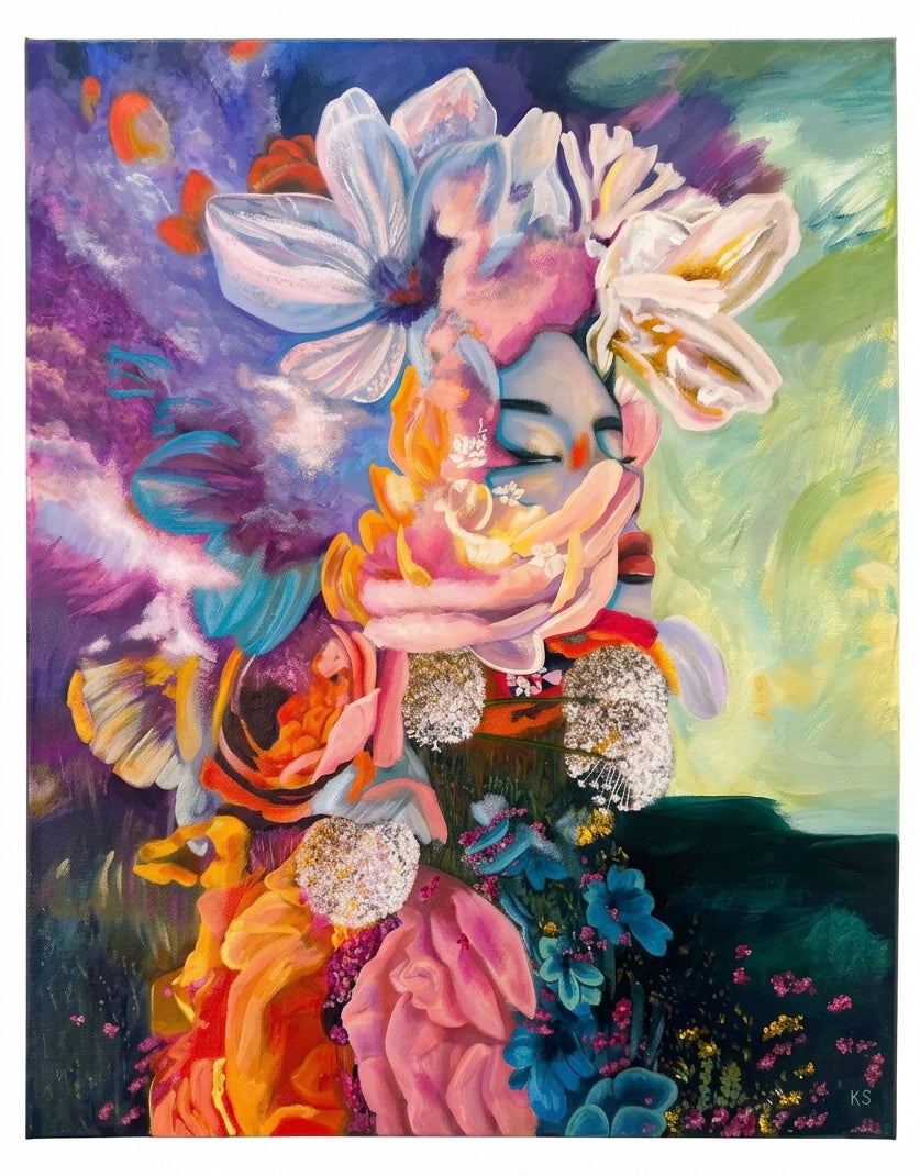 A painting of a face surrounded by flowers and clouds with a landscape down below