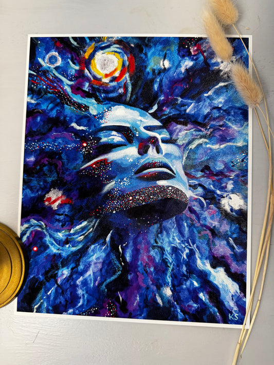 Abstract art print with a face emerging from a galaxy or cosmos with starry swirling abstract elements.