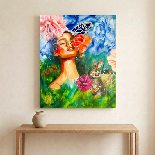 Au Printemps room mockup: the unframed painting above a light oak console with an ivory ceramic vase on a warm ivory wall