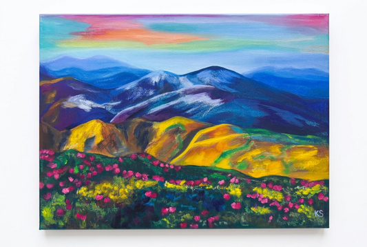 Azurescape with a pure even white background. Blue and yellow mountains with a field of magenta pink flowes