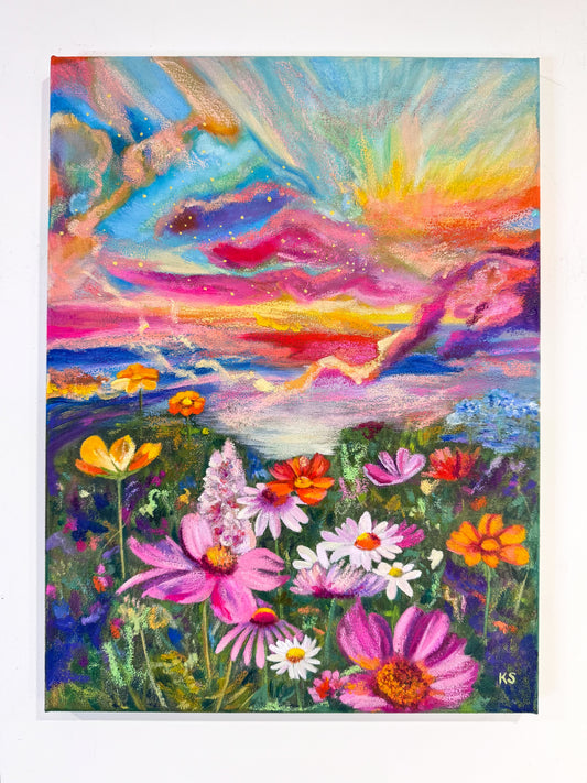 A colorful pastel or crayon painting of a flower field under a dramatic rainbow sky, with pink, purple, blue, yellow, and orange flowers in the foreground.