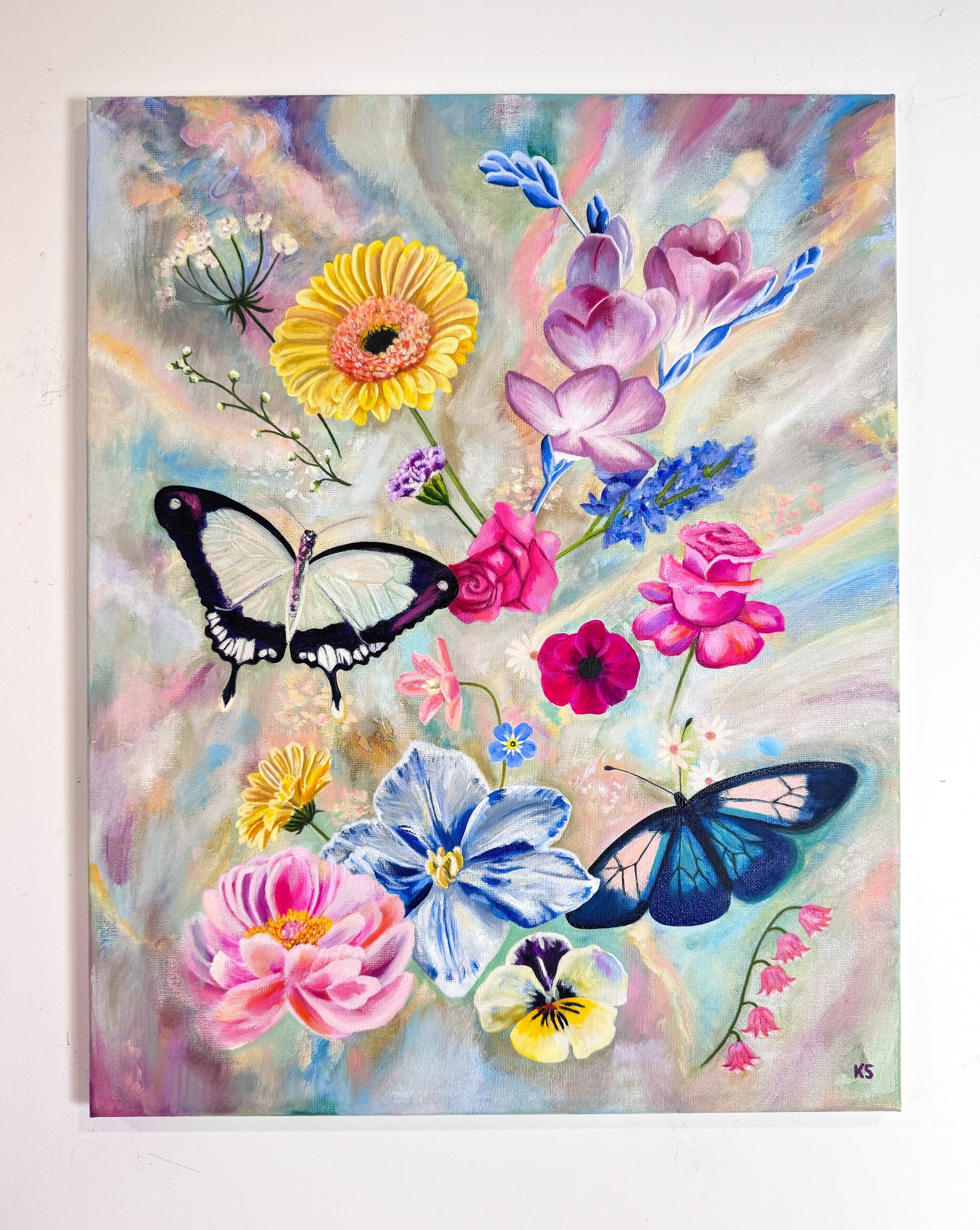 Colorful painting of butterflies and flowers on a light background