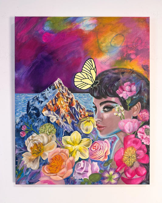 A painting featuring a woman in front of a mountain with flowers under a neon sky.