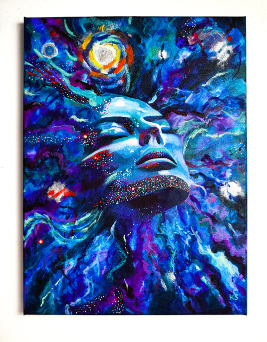 Colorful abstract painting of a face with cosmic elements
