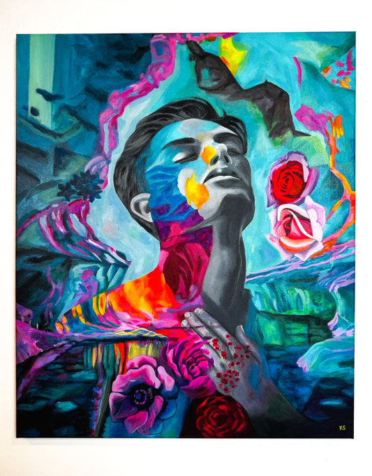 Colorful abstract painting of a man’s face with floral elements and abstract tourmaline coloured elements