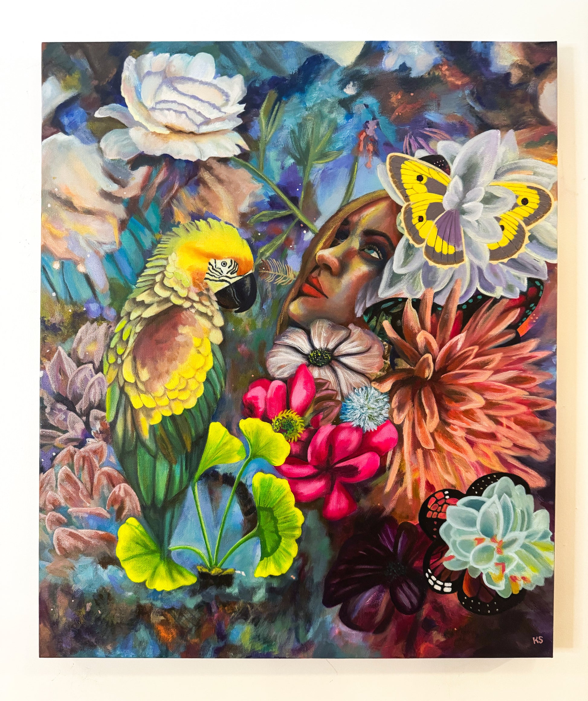 Colorful artwork with a parrot, flowers, and a butterfly on a white background