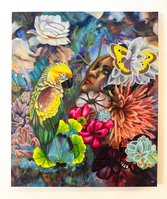 Colorful artwork with a parrot, flowers, and a butterfly on a white background