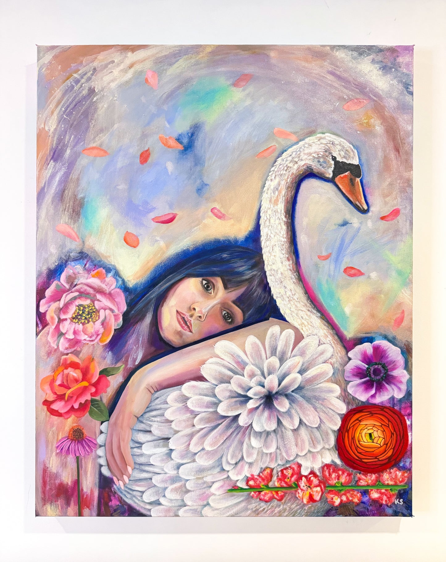 Colorful artwork of a woman with a swan, flowers, and abstract elements on a white background.