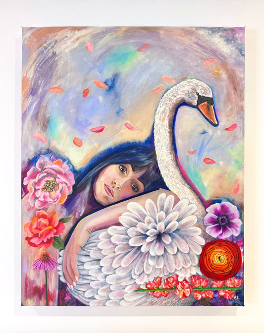Colorful artwork of a woman with a swan, flowers, and abstract elements on a white background.
