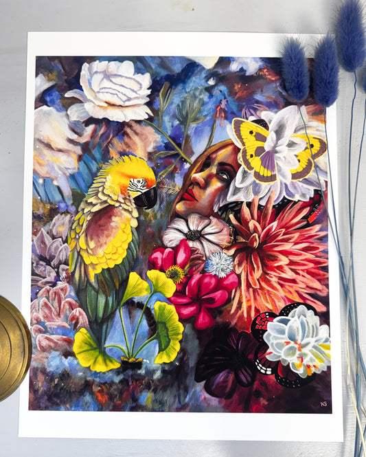 Colorful artwork with a parrot, flowers, and butterflies on a white background