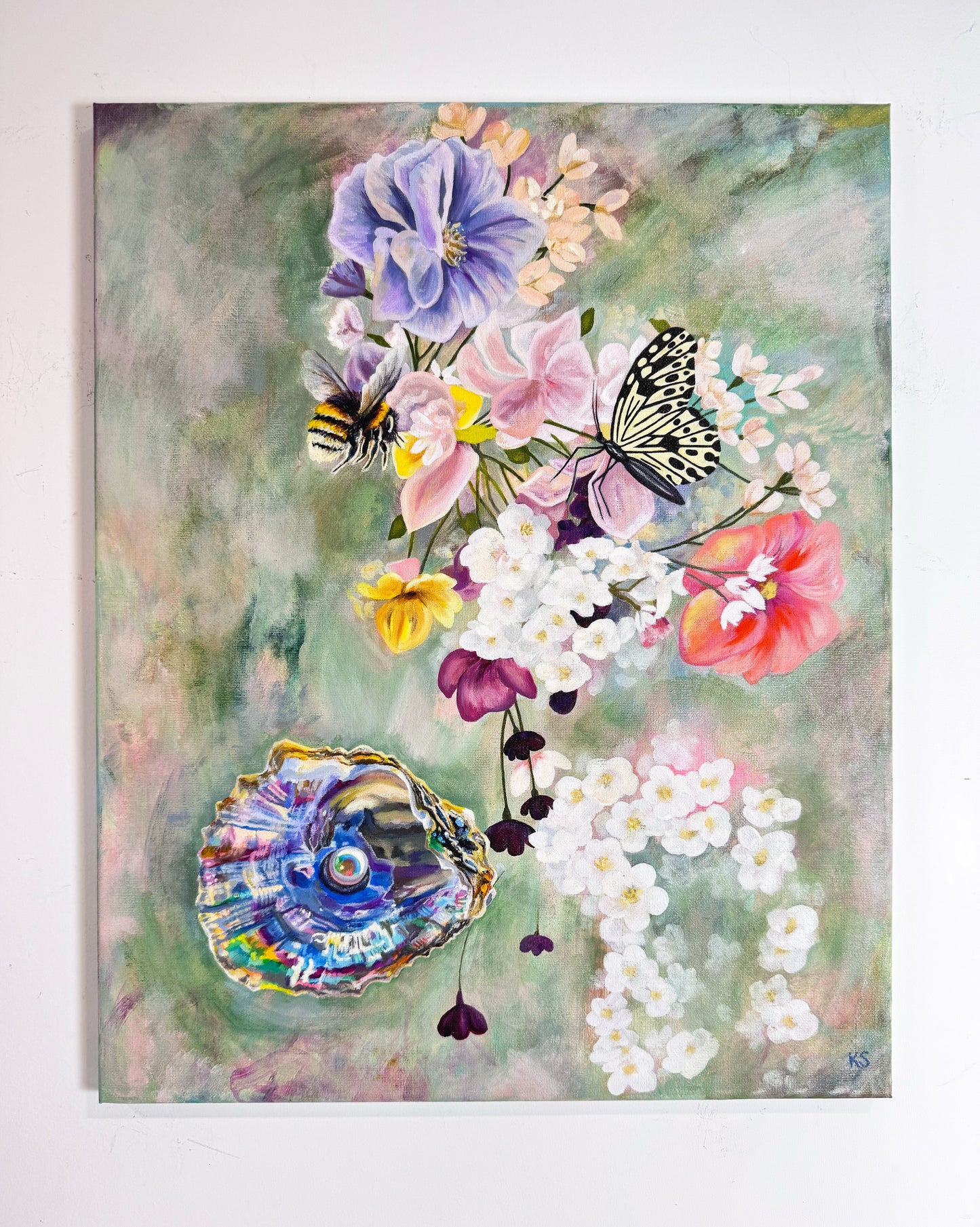 Colorful painting of flowers and butterflies on a light background