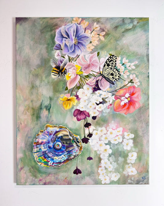Colorful painting of flowers and butterflies on a light background