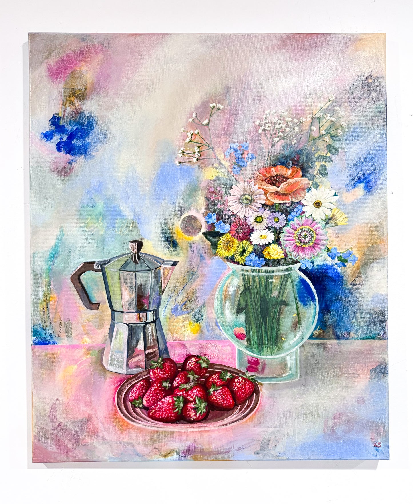 A painting featuring an espresso maker, dish of strawberries, and garden flowers against an abstract background.