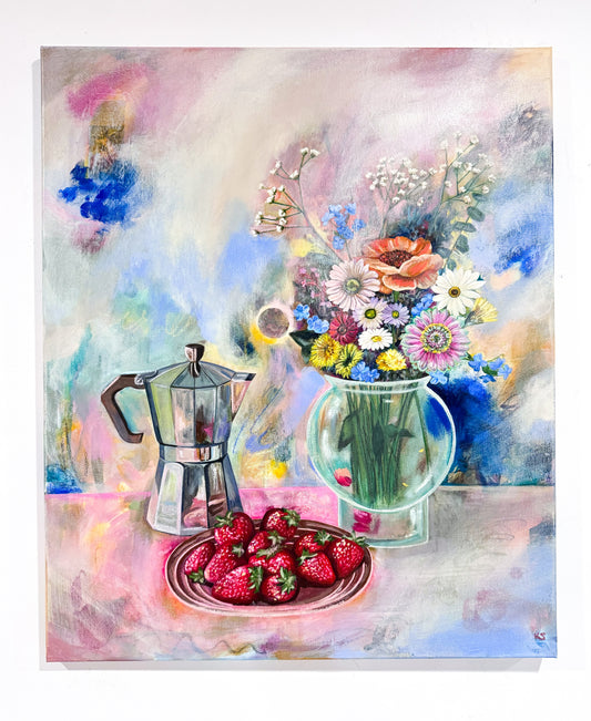 A painting featuring an espresso maker, dish of strawberries, and garden flowers against an abstract background.