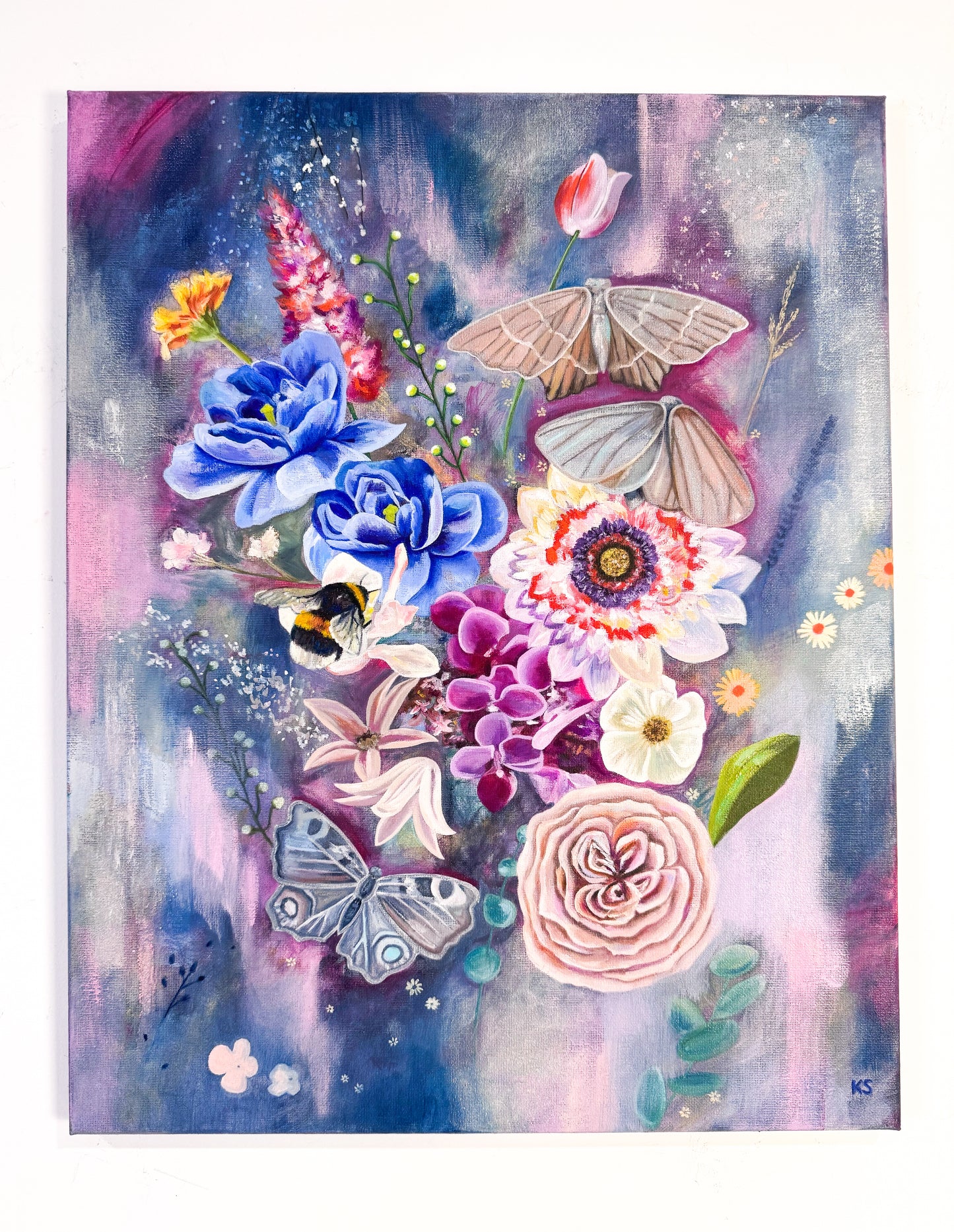 Colorful painting of flowers and butterflies on a grey and pink background.