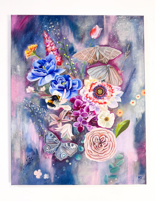 Colorful painting of flowers and butterflies on a grey and pink background.