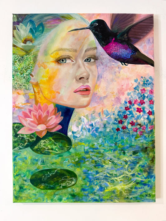 Artistic depiction of a woman's face with a hummingbird and floral elements