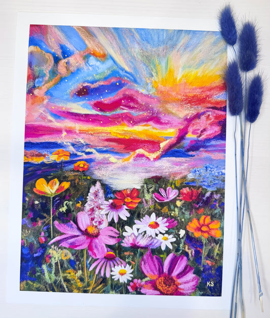 A colorful pastel or crayon-style floral landscape artwork showing a field of flowers under a dramatic sky with pink, blue, yellow, and orange tones. The print is displayed on a white surface with three blue bunny tail stems placed along the right side.