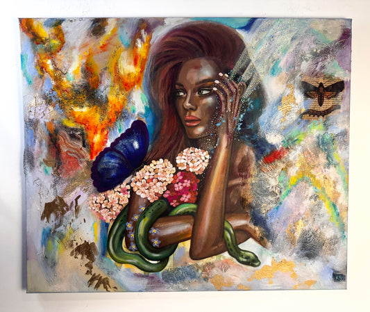 Colorful painting of a woman with flowers and abstract elements a snake, flowers, and butterflies
