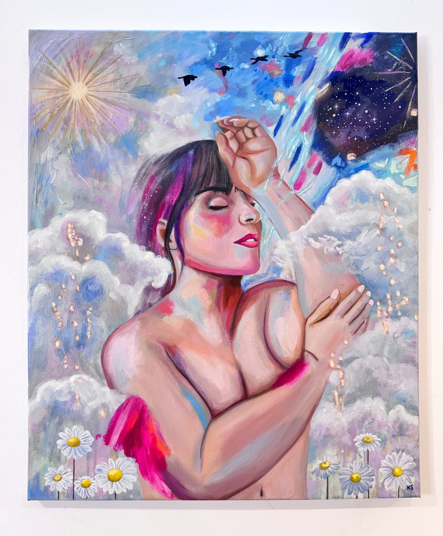 A painting featuring a nude woman covered in clouds with a sun, birds, flowers and a galaxy of stars.