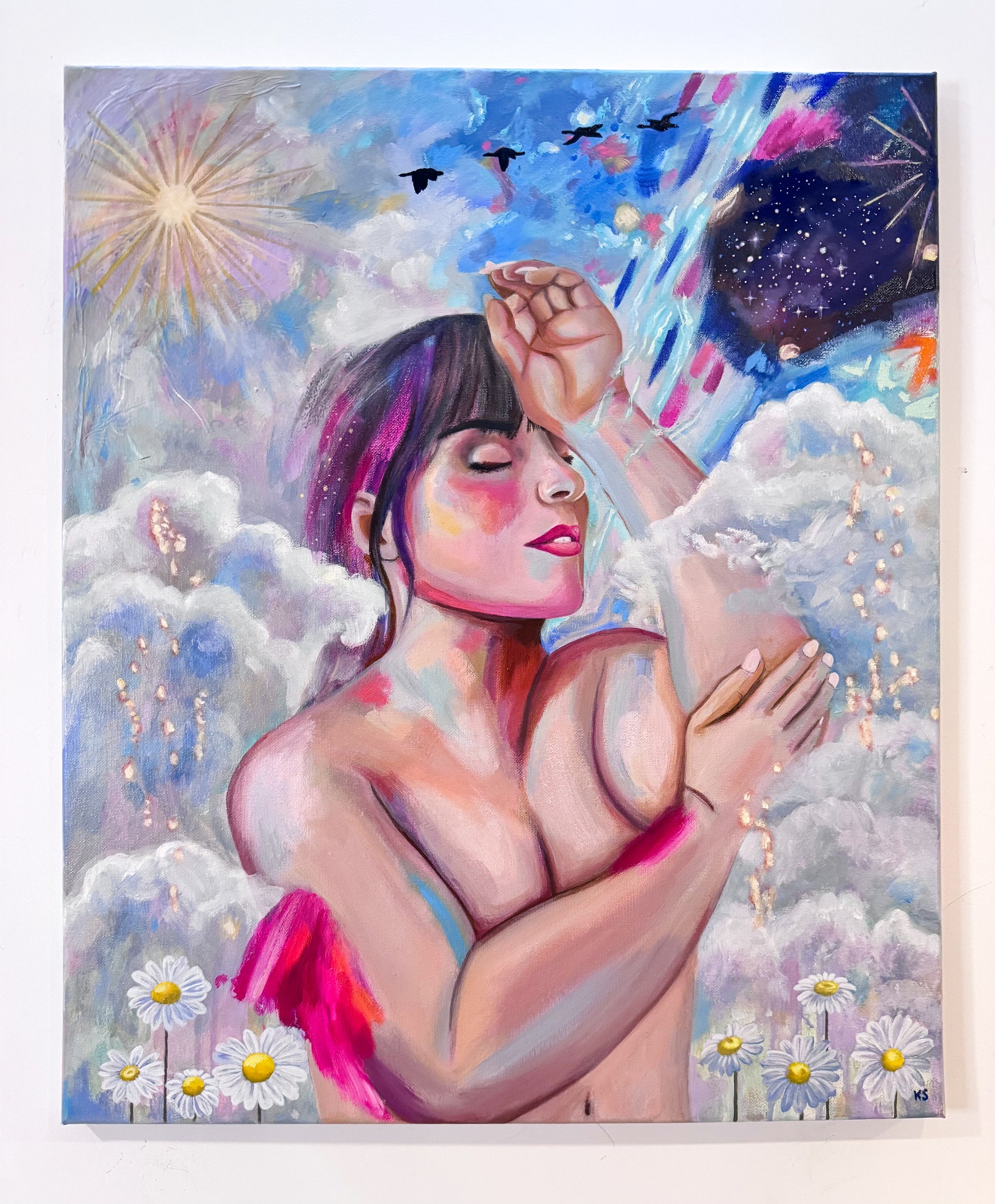 A painting featuring a nude woman covered in clouds with a sun, birds, flowers and a galaxy of stars.