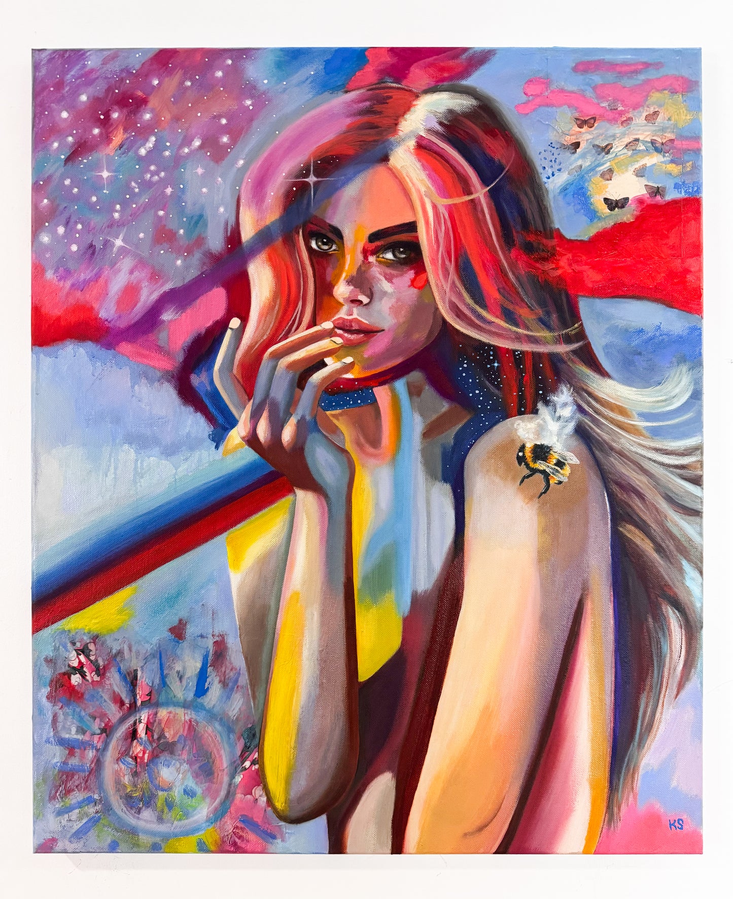Colorful painting of a woman with abstract elements