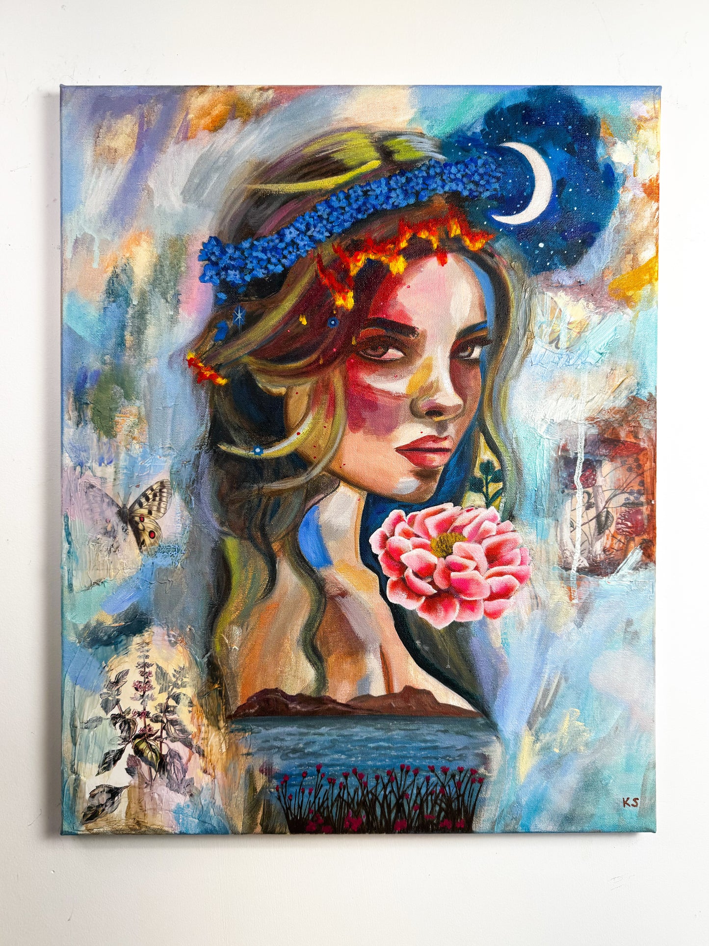 Colorful painting of a woman with a flower in her hair and a butterfly on a white background
