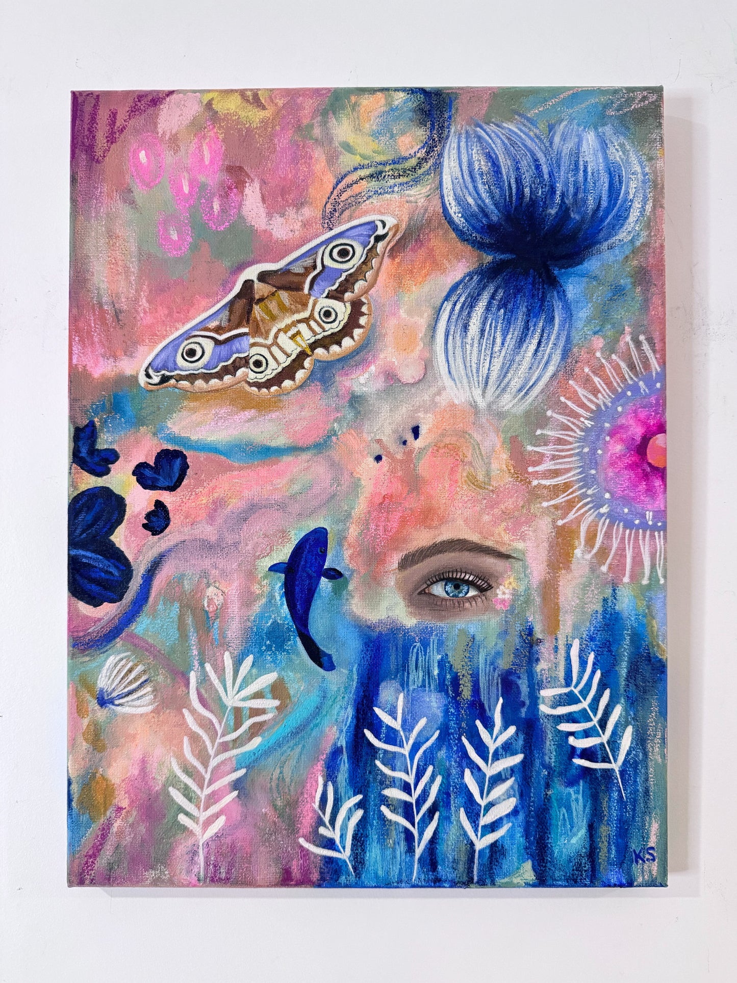 Colorful abstract painting with flowers, moth, and an eye on a white background