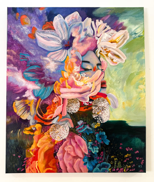 Colorful abstract painting with floral elements and clouds on a white background