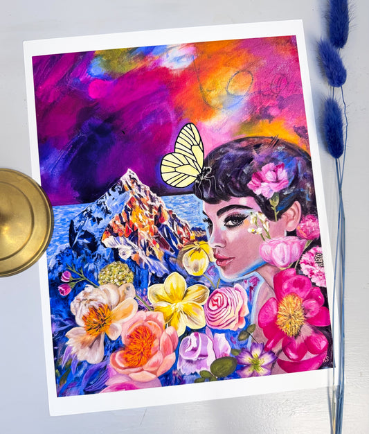 Colorful artwork of a woman with flowers and a butterfly on a white background