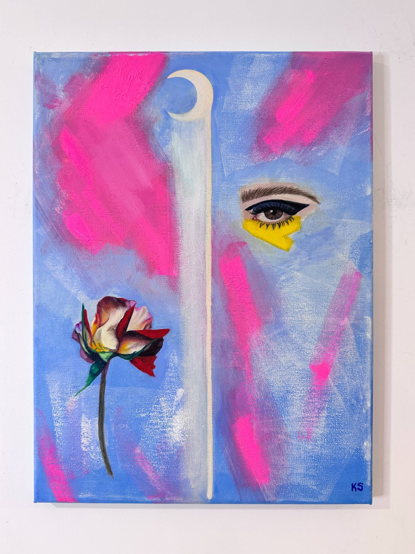 Abstract painting with a flower, eye, and pink and blue background