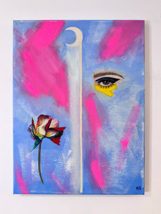 Abstract painting with a flower, eye, and pink and blue background