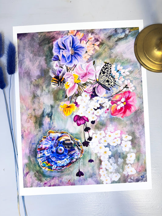 A print featuring a bee a butterfly an Pearl in an oyster