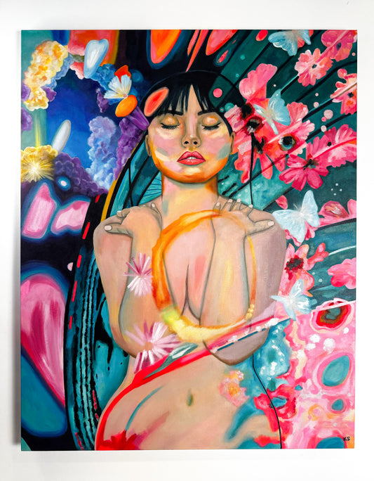 Colorful artwork of a woman with flowers, clouds, and butterflies and abstract elements