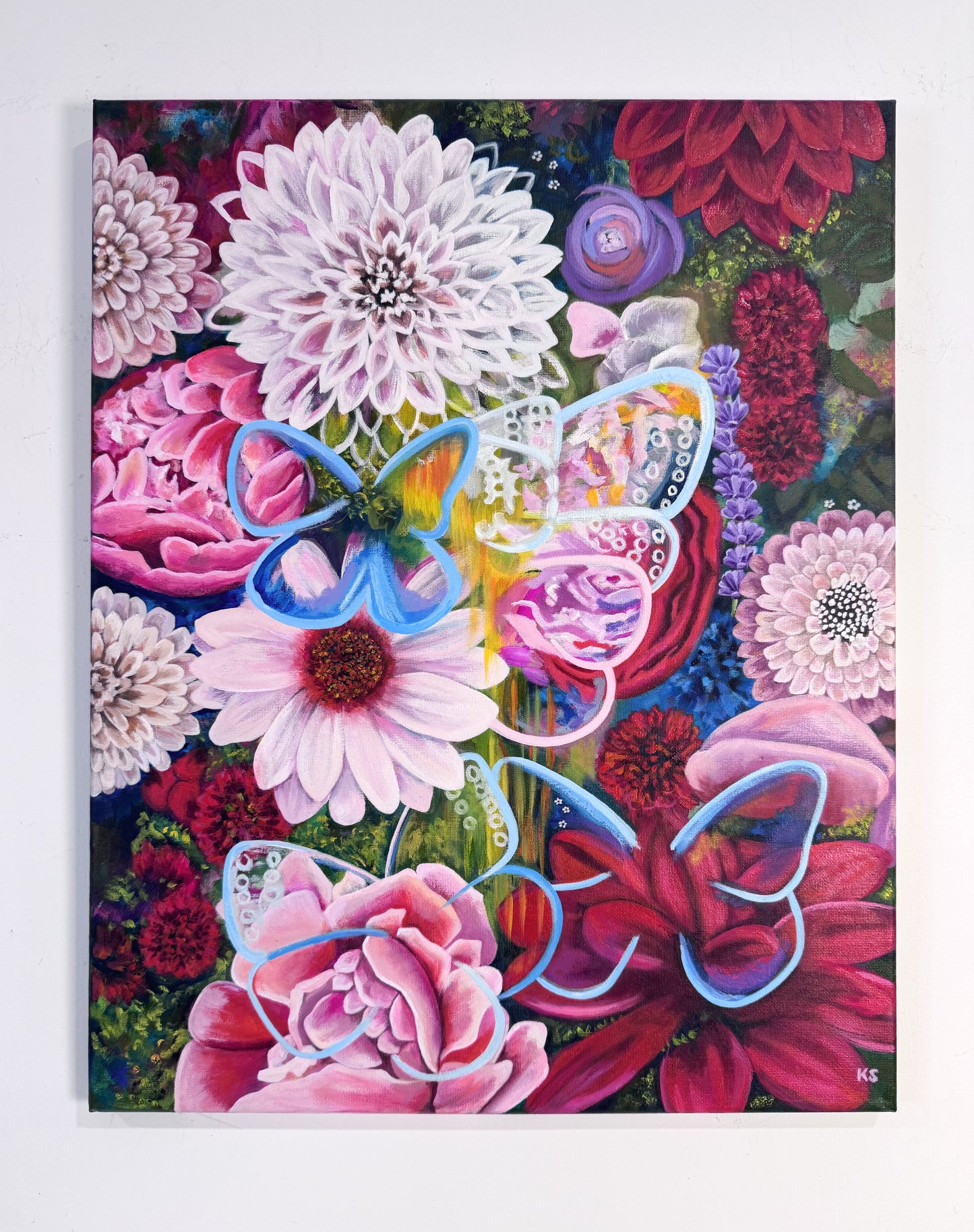 Colorful floral painting with butterflies