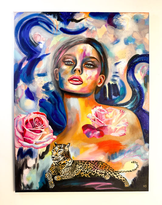 Colorful abstract painting of a woman with flowers and a leopard