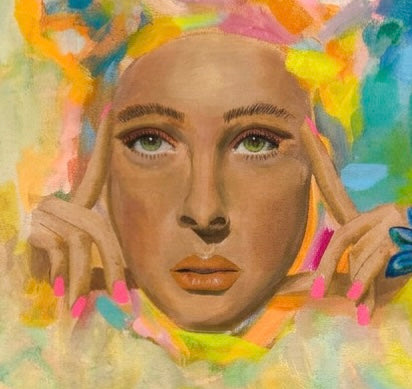 A close up of a painted portrait of a woman with pink nails against vibrant neon abstract swatches of paint