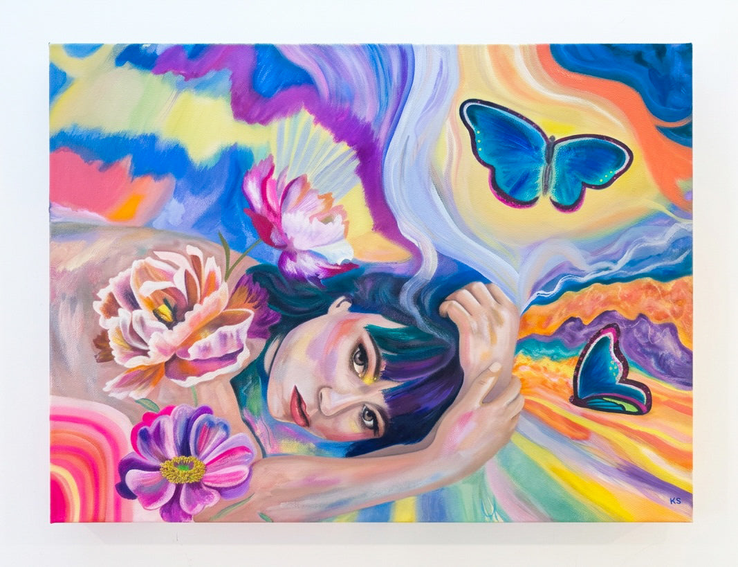 A picture of a painting of a woman with a psychedelic background, flowers and butterflies