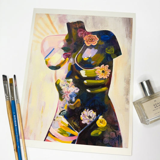 A print of a torso filled with flowers and abstract swatches of paint