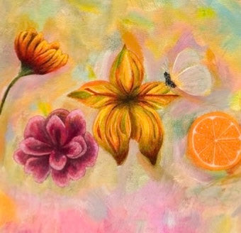 A close up of an orange, flowers and a butterfly