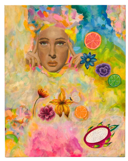A painting titled “breakfast in Ibiza” featuring a woman with pink nails, fruit, flowers, and a butterfly against a neon abstract background