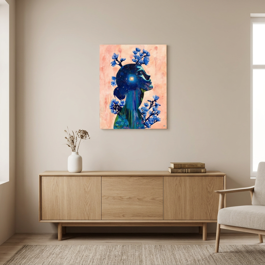 Evening Glisten room mockup: the original 16 x 20 inch acrylic and oil painting hanging unframed above a low light oak sideboard in a neutral living room