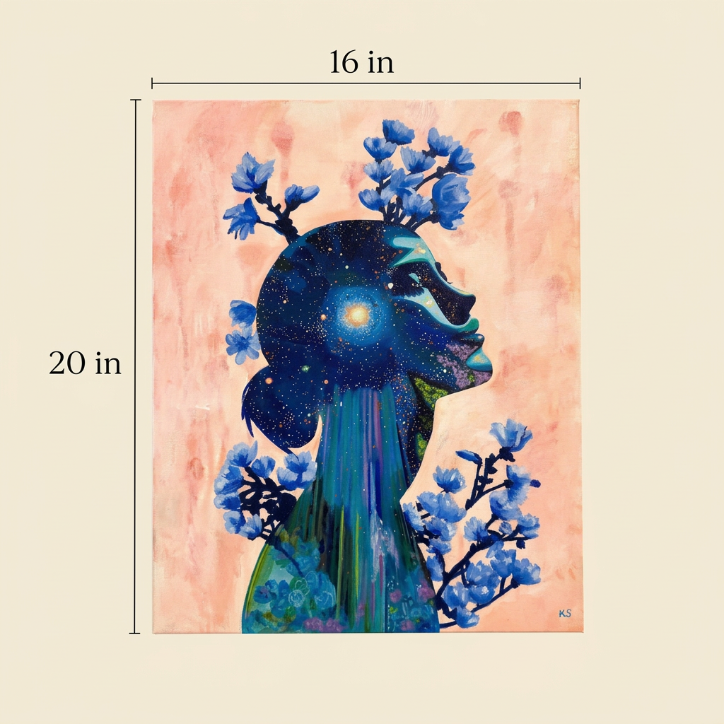 Evening Glisten size guide showing the complete artwork with a 16 in width rule above and a 20 in height rule beside on an ivory background