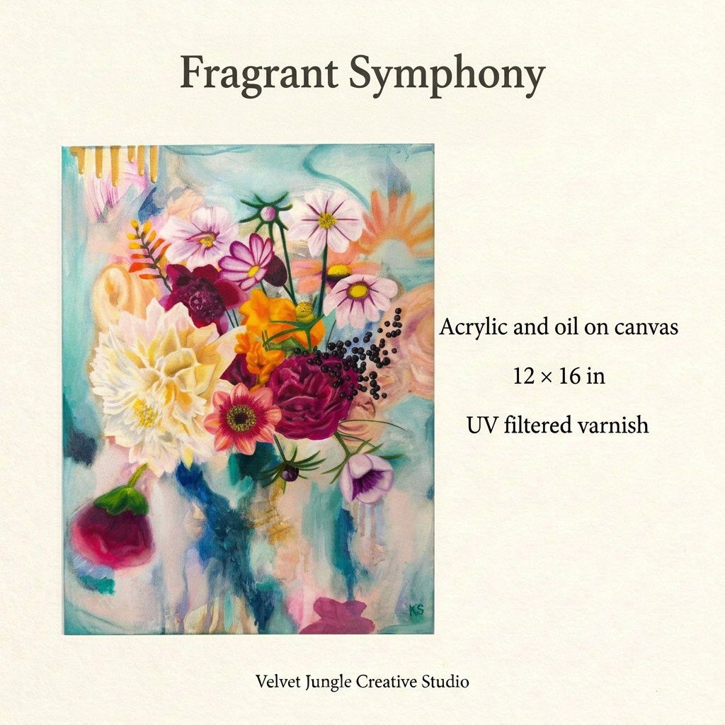 Fragrant Symphony details card showing the full floral artwork alongside its materials, acrylic and oil on canvas, 12 × 16-inch dimensions, and UV filtered varnish finish.