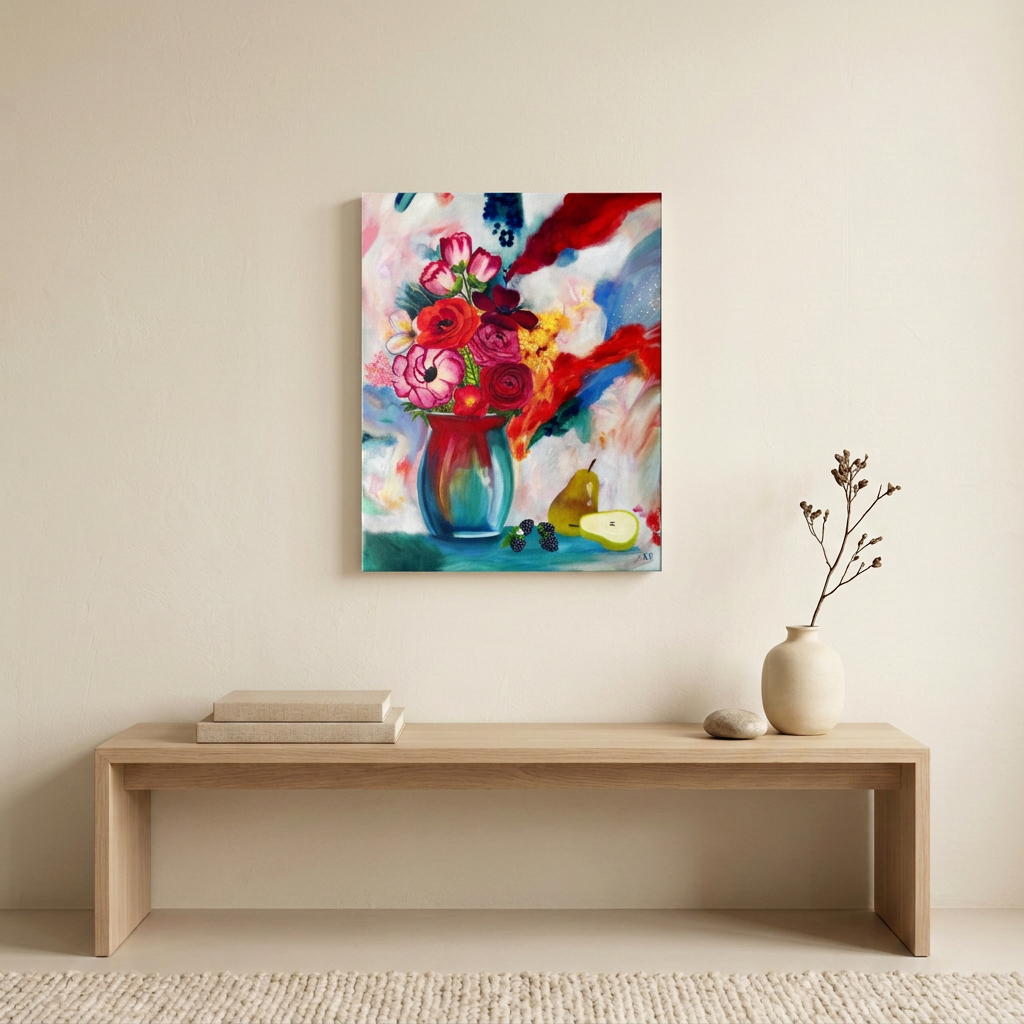 Fresh and Glowy at a smaller 16-by-20-inch scale above a pale wood console