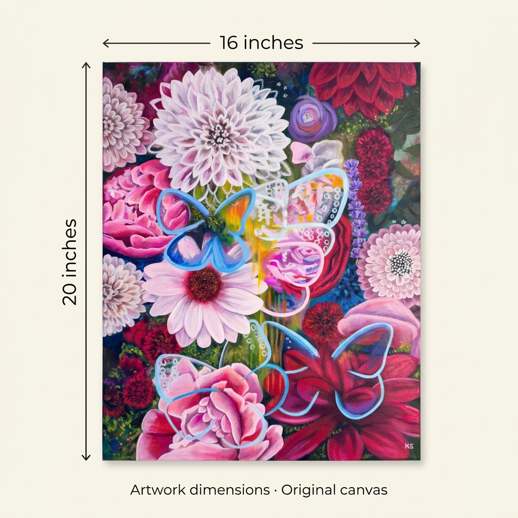 Lucent Gardens original canvas with dimension arrows showing 16 inches wide by 20 inches high.