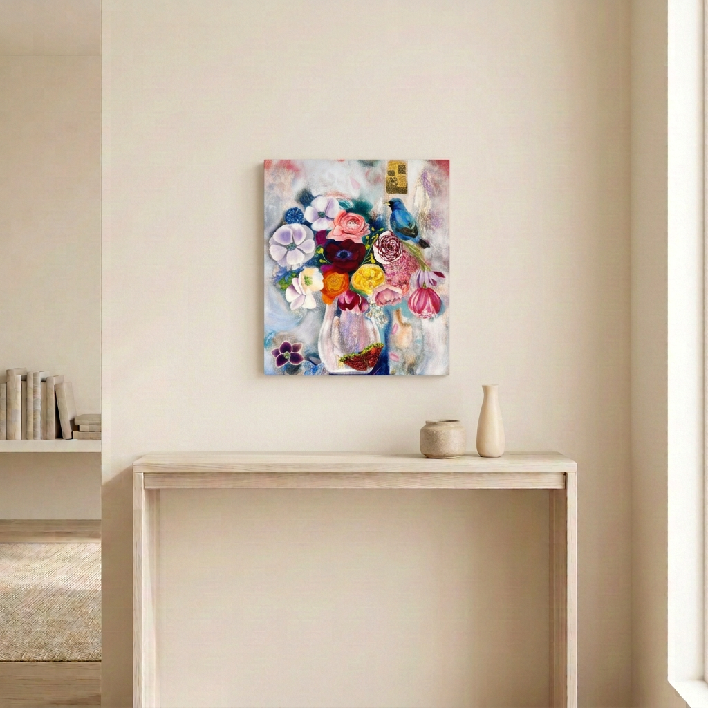 Hope In Bloom floral painting with a blue bird and butterflies, displayed as an unframed canvas above a pale wood console in a neutral room.