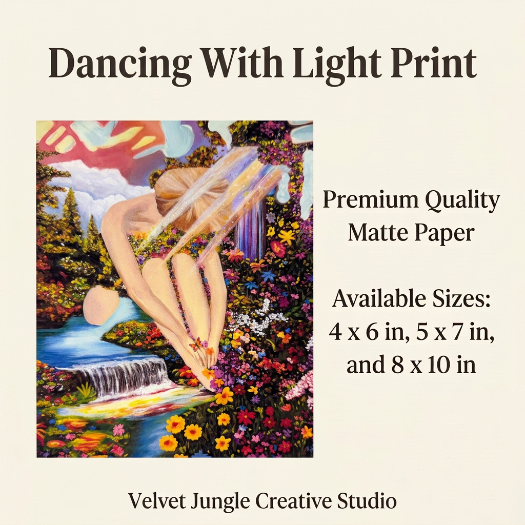 Dancing With Light Print details card with the full artwork, premium quality matte paper and available sizes of 4 x 6, 5 x 7 and 8 x 10 inches.